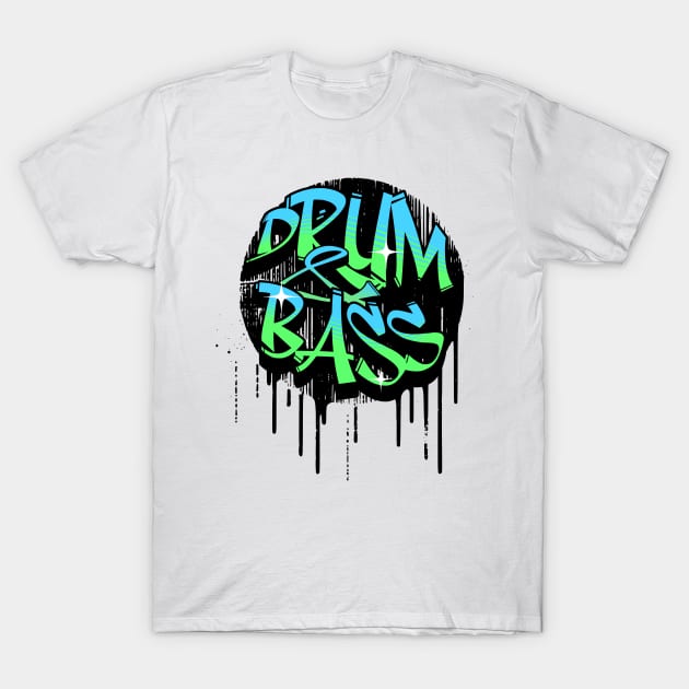 DRUM AND BASS  - Graffiti paint drip (blue/green) T-Shirt by DISCOTHREADZ 